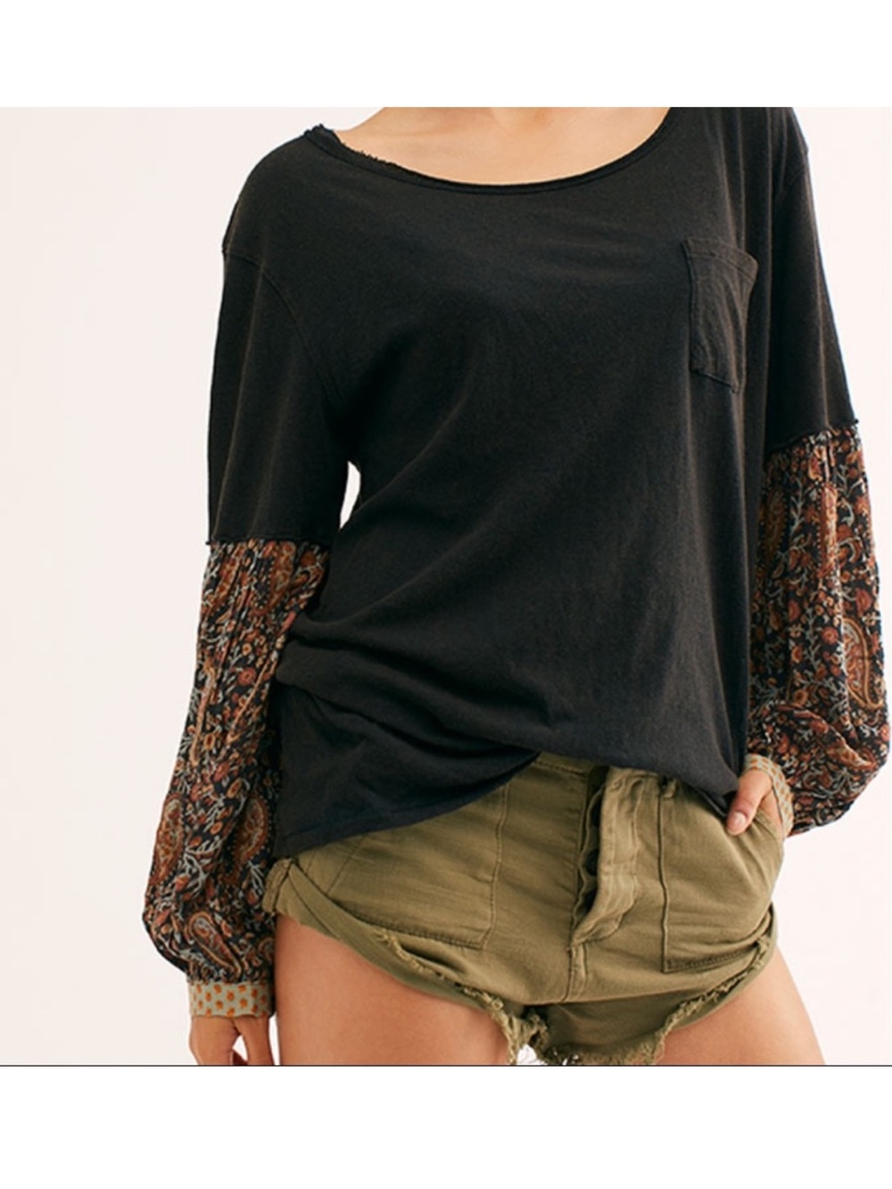 Free People Black Oversized Paisley Print Balloon Sleeve Jade Tee T-Shirt Medium